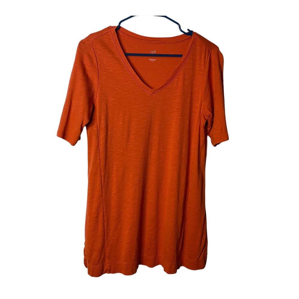J Jill Womens Orange Pima Cotton Elbow Sleeve V-Neck Slub Knit Tunic Top Small